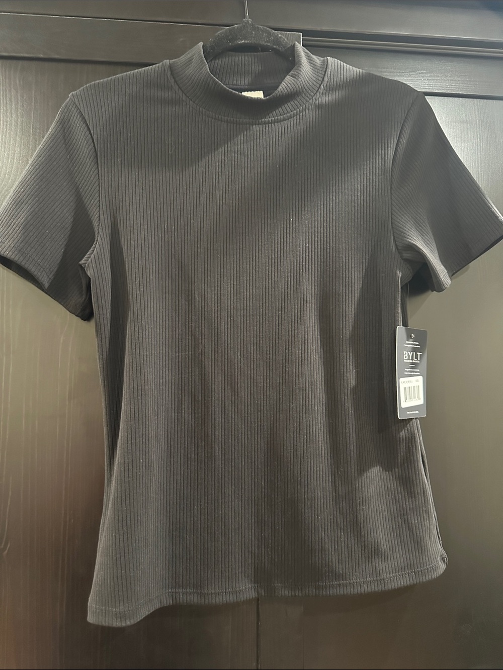 BYLT Basics Black Ribbed Short Sleeve Mock Neck Top